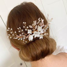 Load image into Gallery viewer, Willow ➺ Gold hair comb with ceramic flowers
