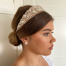 Load image into Gallery viewer, bride wearing pearl headband and rose gold earrings
