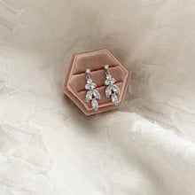 Load image into Gallery viewer, Delicate drop earrings for bride on a blush pink ring box 
