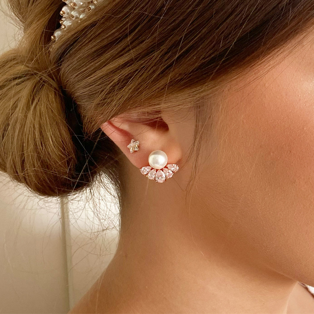 rose gold pearl wedding earrings with cz fan